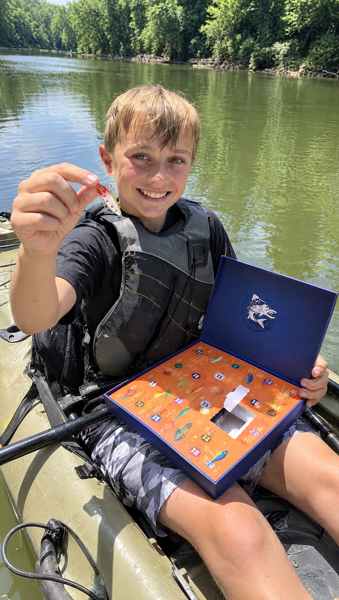 Boy holding a lure from the fishing Advent calendar